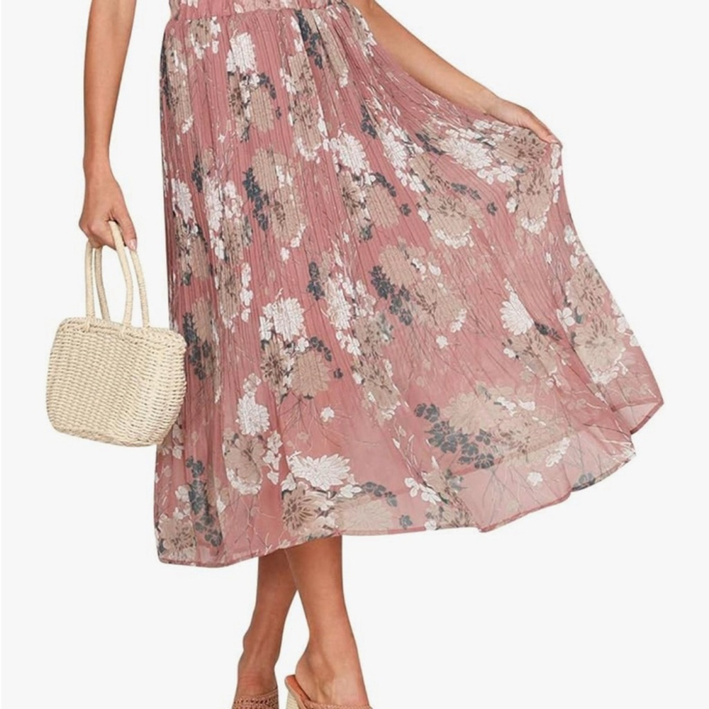 Simplee Pink and White A-Line Midi Skirt Pleated Cottagecore Soft Grandma